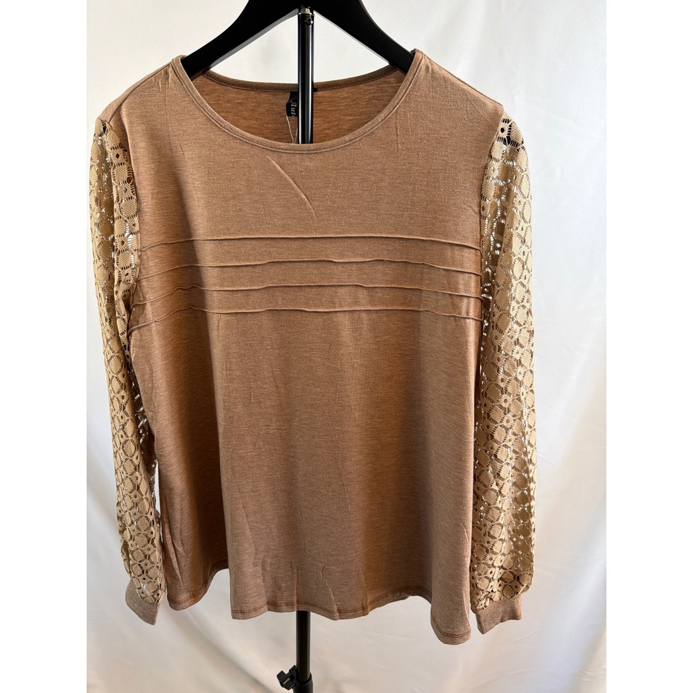 Automet Women Tan Lace Crochet Long Sleeve Pleated Crew Neck Blouse Top Large
